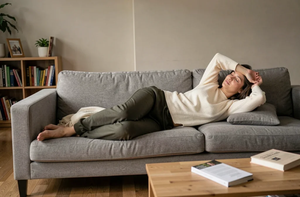 Femme épuisée par la fibromyalgie allongée sur son canapé en milieu de journée, incapable de poursuivre ses activités quotidiennes