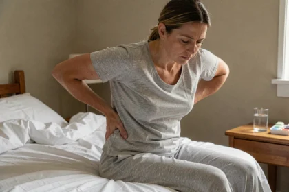 Femme atteinte de fibromyalgie assise sur son lit le matin, les mains dans le dos, exprimant une fatigue chronique au réveil