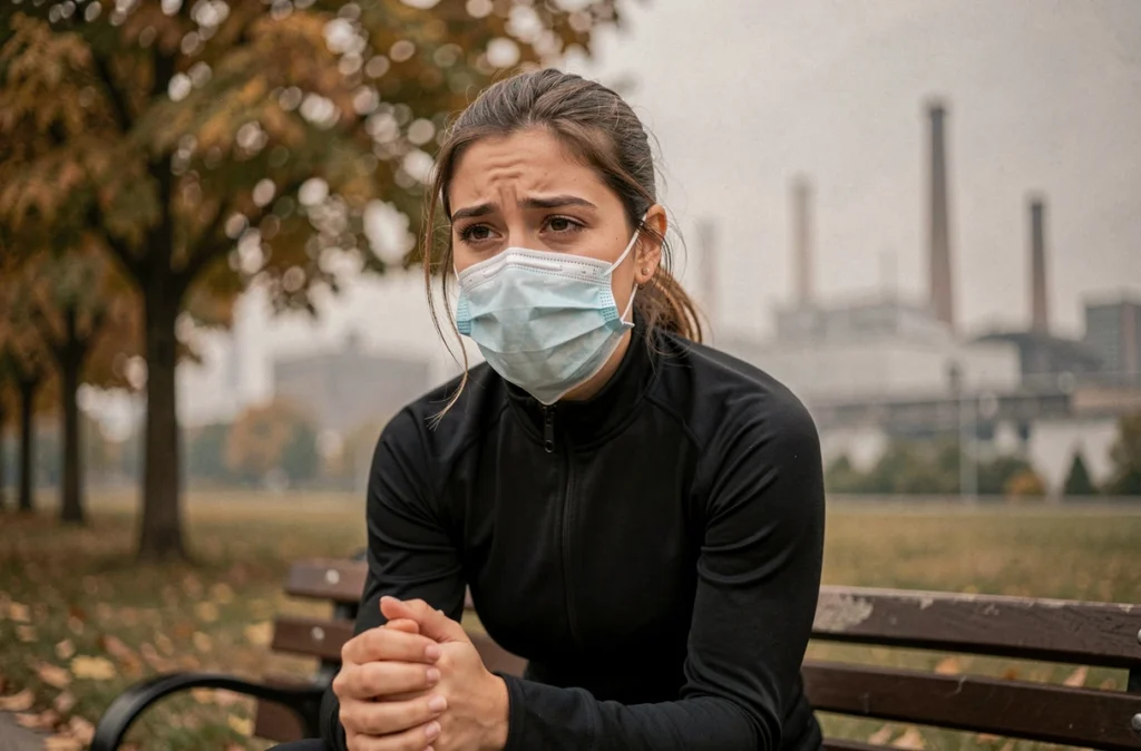 Jeune femme avec masque anti-pollution assise dans un parc urbain dégradé près d'une zone industrielle illustrant les effets de la pollution de l'air sur la santé respiratoire