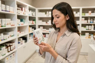Femme lisant l'emballage d'un produit détox Lulutox en pharmacie