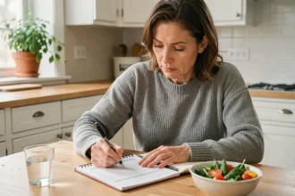 Femme consultant un plan de repas Comme J'aime à la maison pour optimiser son budget alimentaire