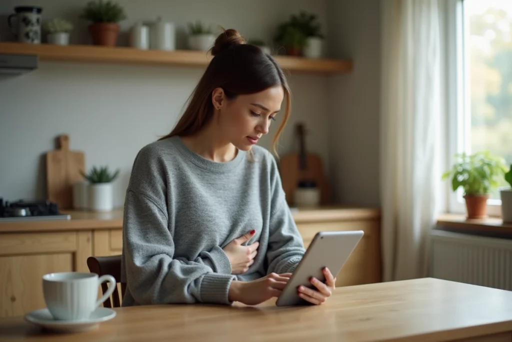 Femme se renseignant sur les causes des kystes aux ovaires sur une tablette avant de planifier une grossesse