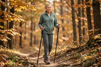 Femme senior pratiquant la marche nordique en forêt automnale avec des bâtons de marche