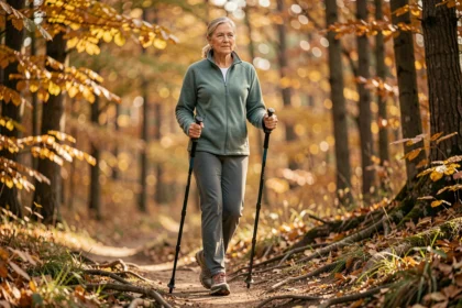 Femme senior pratiquant la marche nordique en forêt automnale avec des bâtons de marche