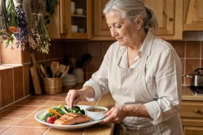 Femme senior de 65 ans préparant un repas équilibré et nutritif dans une cuisine chaleureuse