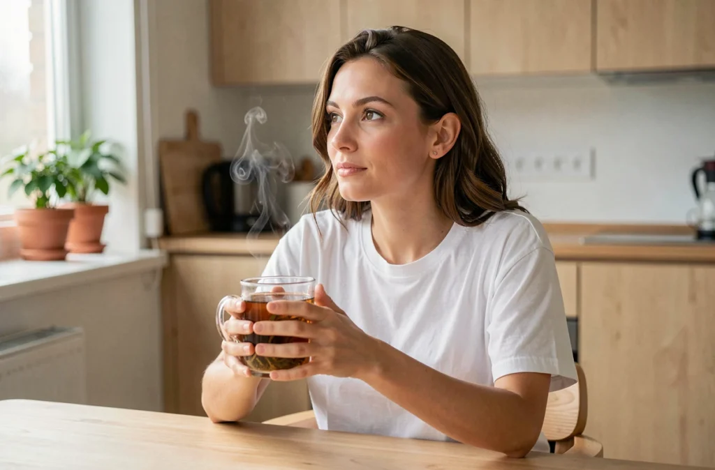 Femme dégustant une tisane détox le matin dans une cuisine moderne