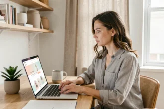 Femme utilisant la plateforme Kalinoe sur son ordinateur portable dans un bureau à domicile moderne