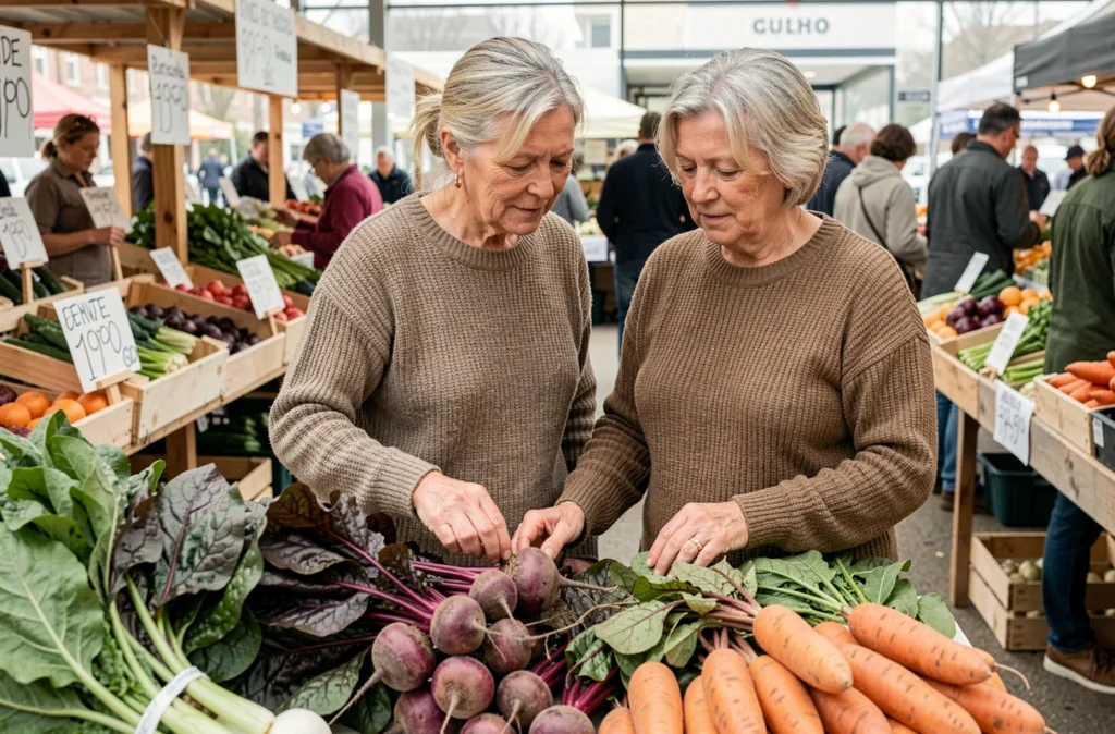 Deux femmes seniors choisissant des légumes frais et de saison au marché pour adapter leur alimentation après 65 ans