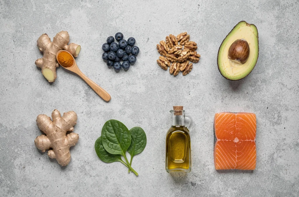 Composition flatlay d'aliments anti-inflammatoires naturels incluant gingembre, curcuma, saumon, myrtilles et huile d'olive sur fond béton