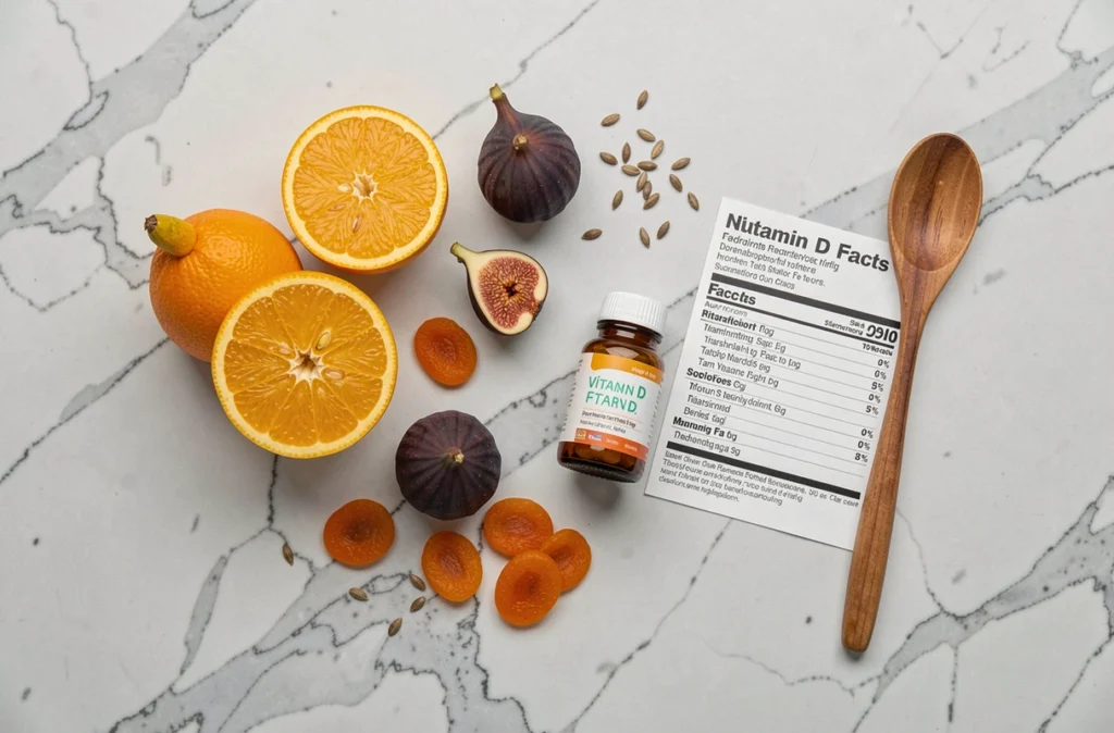 Vue de dessus d'une composition de fruits riches en vitamine D avec étiquette nutritionnelle sur fond de marbre gris, style editorial