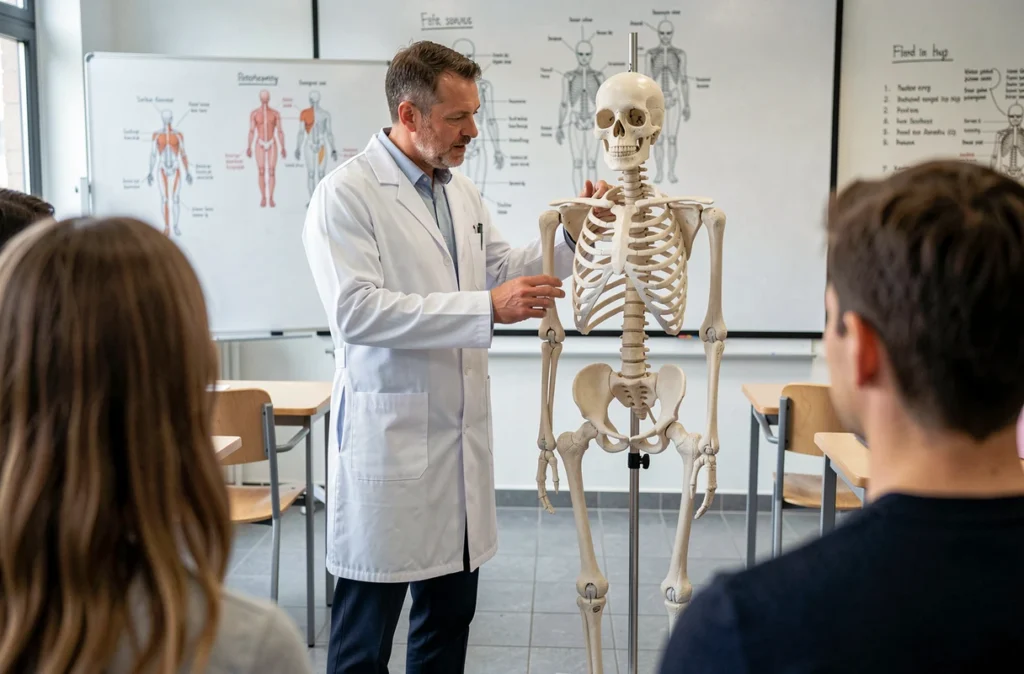 Formateur en ostéopathie enseignant l'anatomie vertébrale devant un squelette humain dans une salle de cours universitaire