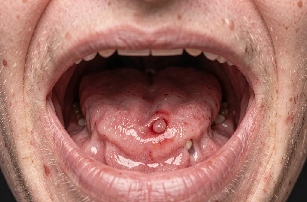 Gros plan sur l'intérieur de la bouche montrant une aphte et une rougeur sur le palais, photo médicale illustrant les plaies et brûlures buccales