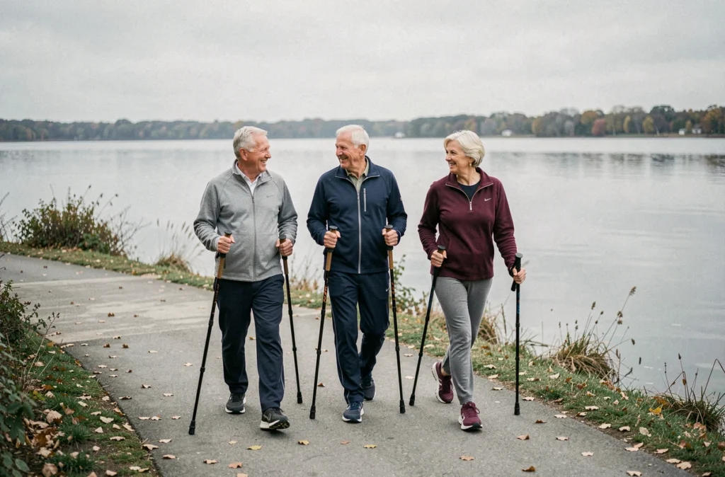 Groupe de seniors pratiquant la marche nordique ensemble au bord d'un lac
