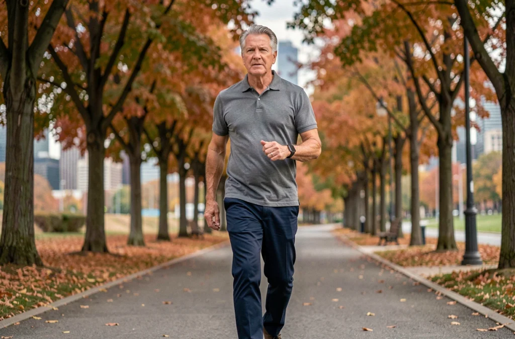 Homme de 62 ans marchant activement dans un parc pour prévenir les complications cardiovasculaires liées au diabète de type 2