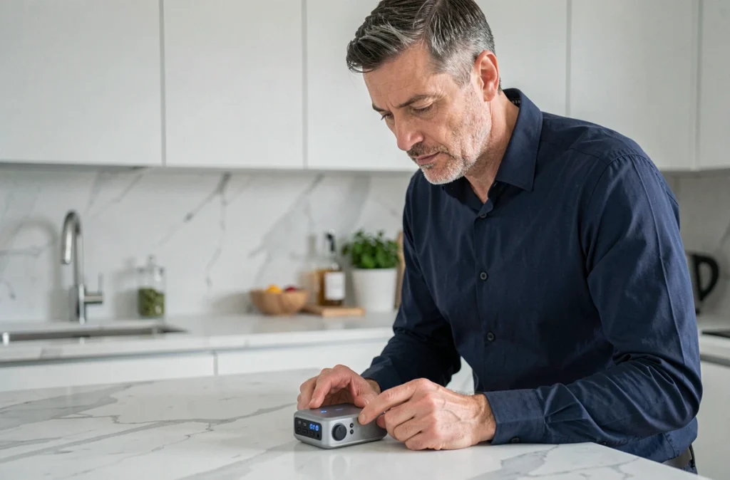 Homme analysant les fonctionnalités d'un appareil Reborn21 dans une cuisine moderne au quotidien