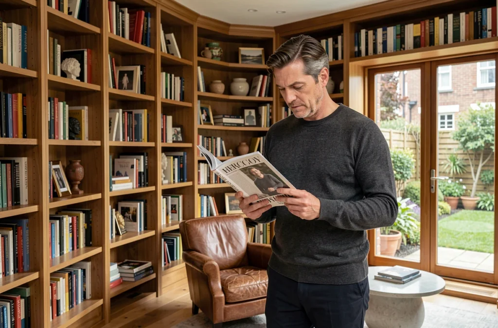 Homme cultivé lisant un magazine lifestyle dans une bibliothèque maison élégante et moderne