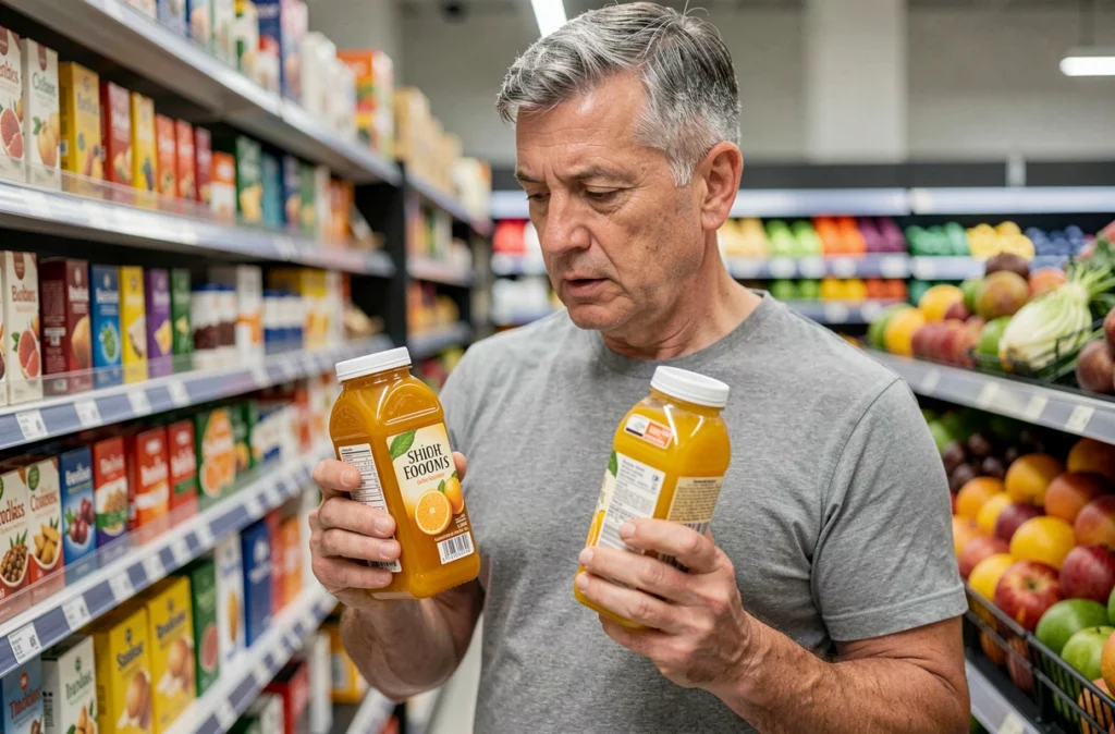 Homme comparant les étiquettes de deux jus de fruits en rayon de supermarché pour identifier la teneur en vitamine D