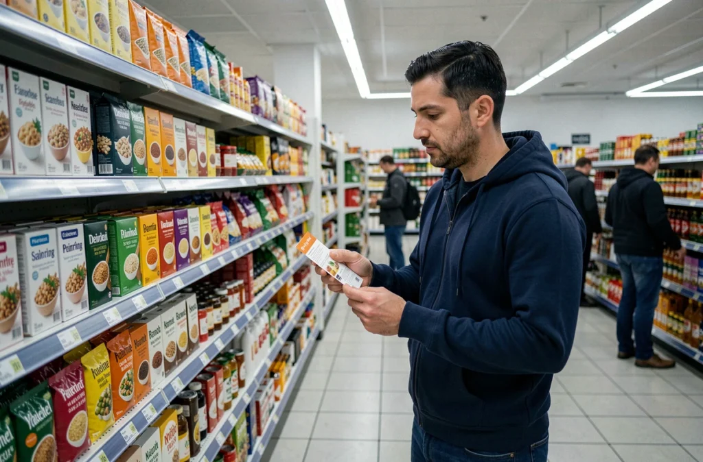 Homme comparant des produits alimentaires en supermarché pour réduire le coût de son programme Comme J'aime
