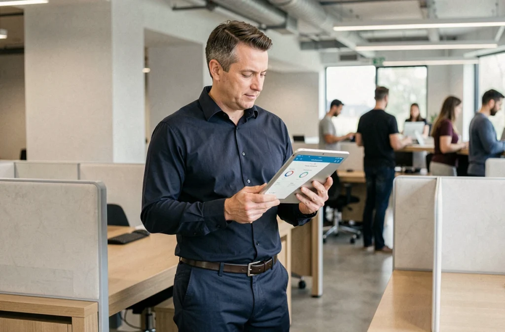 Homme consultant l'application Kalinoe sur une tablette dans un espace de travail collaboratif