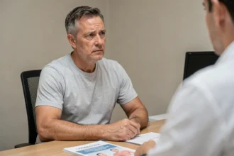 Homme d'âge mûr en consultation médicale discutant de symptômes cutanés avec un médecin