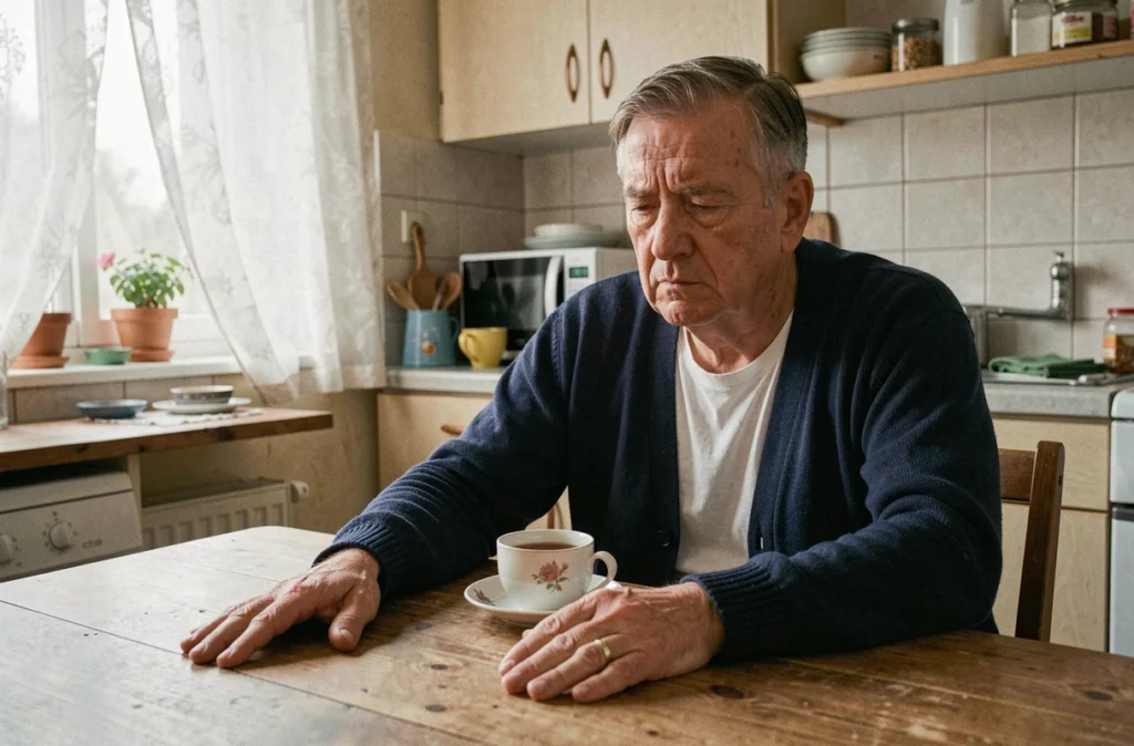 Homme souffrant de fibromyalgie assis à sa table de cuisine, regard perdu dans le vide, illustrant le brouillard mental et l'isolement quotidien