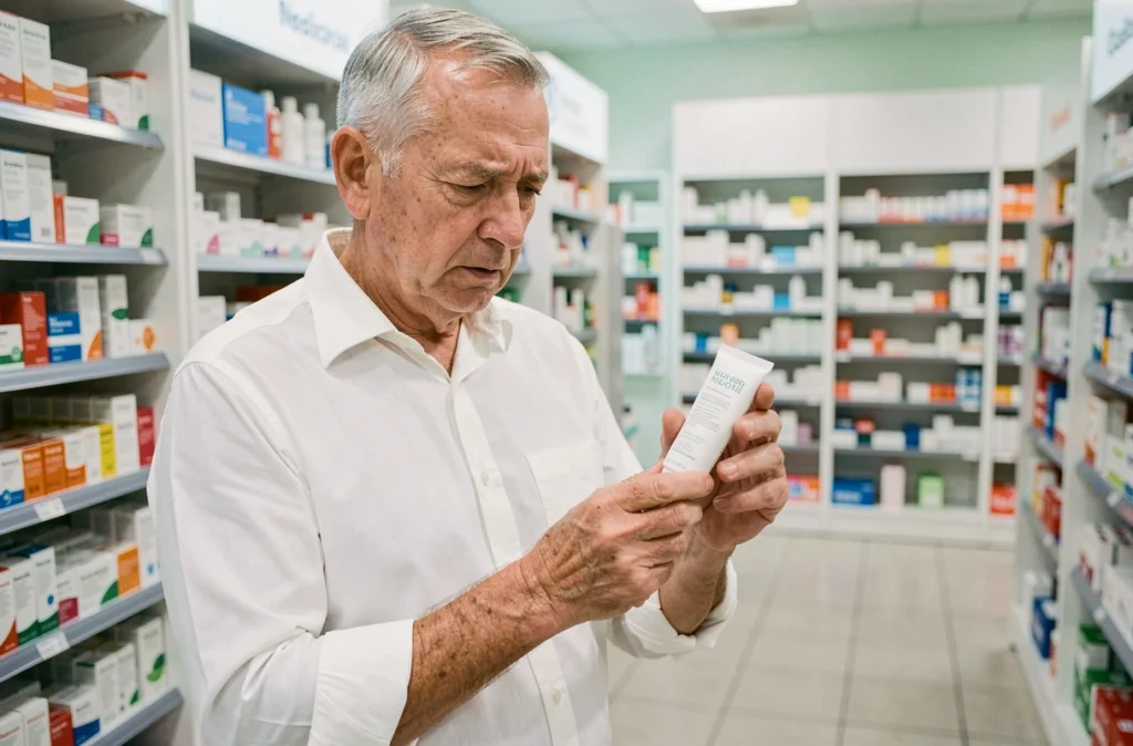 Homme senior examinant un produit dermatologique en pharmacie pour soulager des démangeaisons persistantes