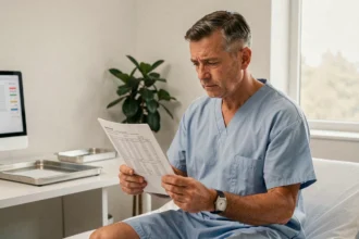 Homme d'âge mûr tenant une feuille de résultats d'analyses biologiques dans un cabinet médical, illustrant une préoccupation pour des valeurs hépatiques élevées comme la GGT