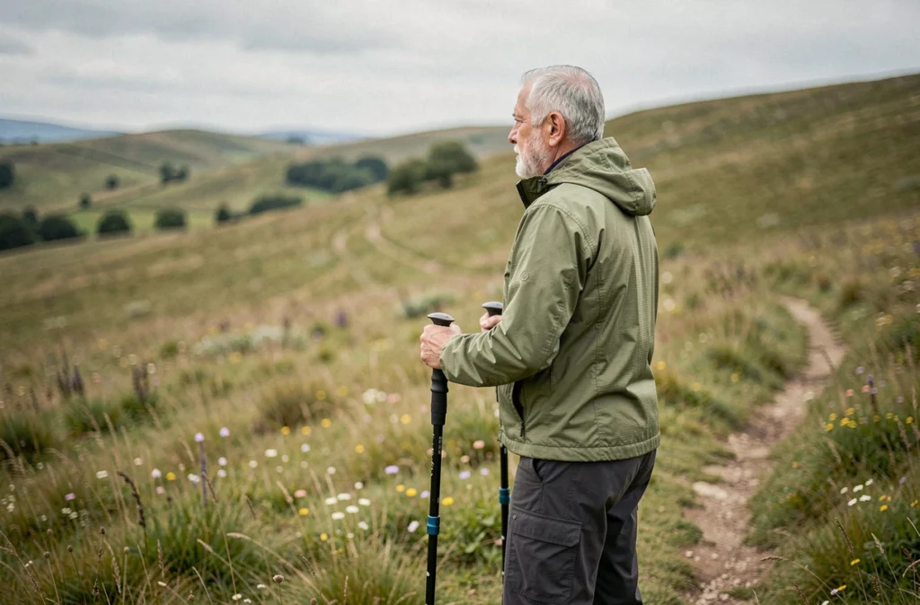 Senior homme faisant une pause en marche nordique dans un paysage de prairie vallonnée