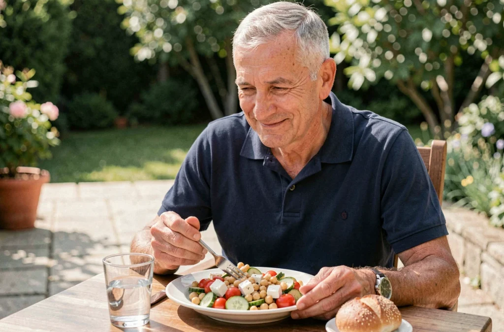 Homme senior dégustant une salade méditerranéenne saine en terrasse pour une alimentation adaptée après 65 ans