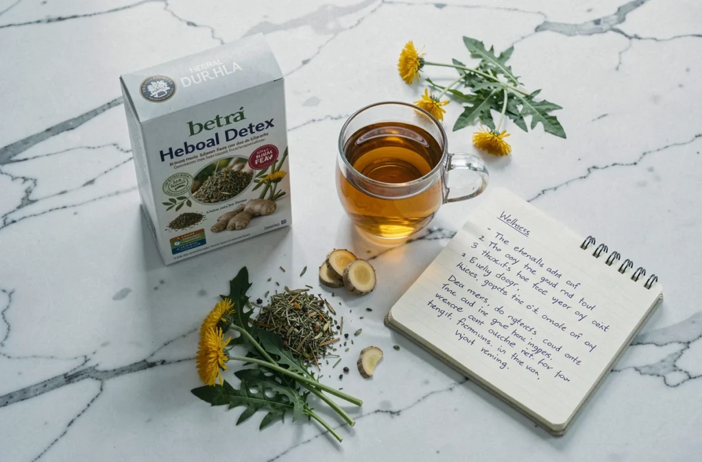 Infusion détox aux plantes avec boîte Lulutox et herbes séchées sur marbre