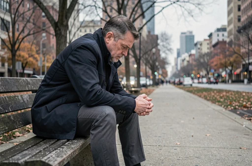 Homme seul sur un banc en ville sous un ciel gris, évoquant l'isolement et les effets du stress chronique sur la pression artérielle