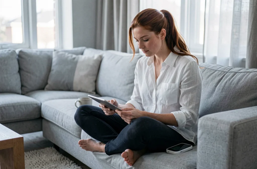 Jeune femme consultant des informations sur sa tablette à côté d'un appareil Reborn21 posé sur le canapé