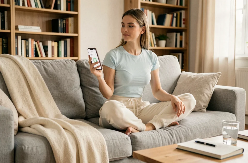 Jeune femme explorant l'application Kalinoe sur smartphone dans un salon cosy et détendu