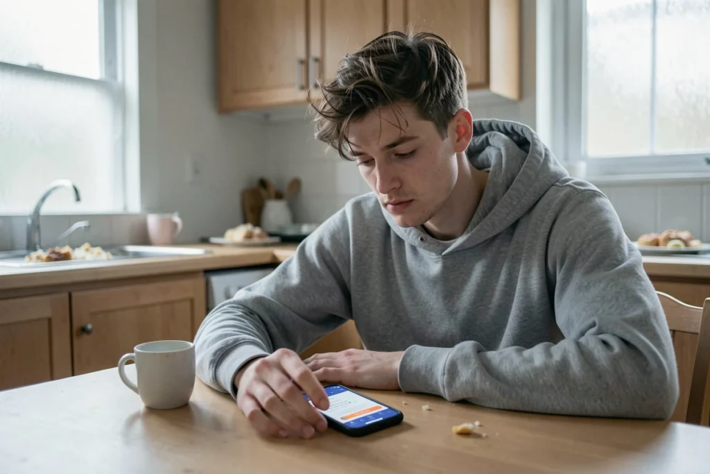 Jeune homme fatigué évaluant son anxiété sur une application mobile d'auto-cotation psychologique, illustrant les limites des outils de mesure numériques de l'anxiété