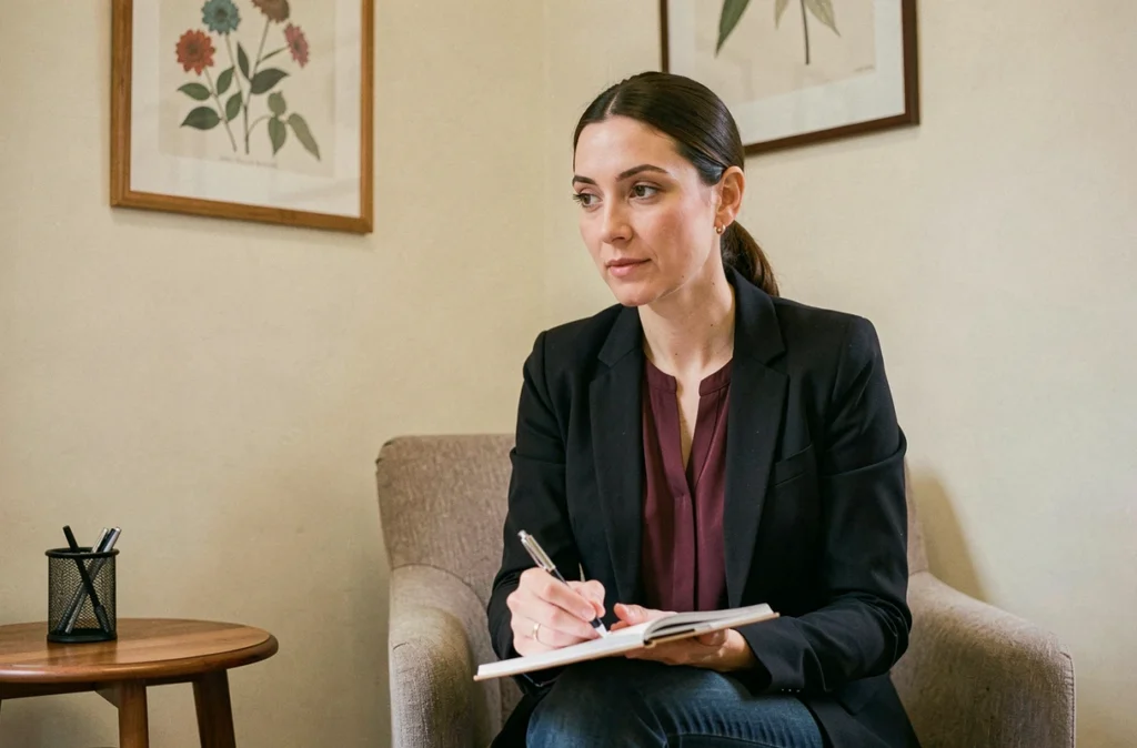 Delphine Legroux, psychologue, en consultation dans son cabinet à Angers
