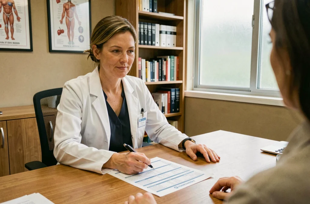 Médecin femme expliquant des résultats d'analyses hépatiques à un patient lors d'une consultation, avec un rapport de bilan du foie sur le bureau