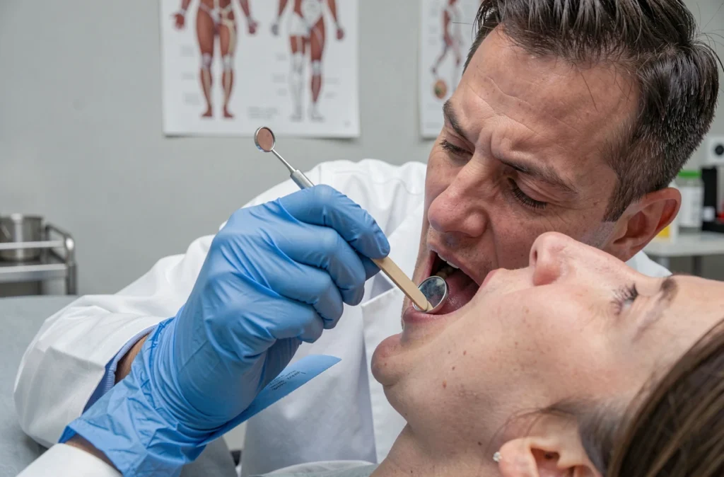 Médecin examinant la bouche d'un patient avec un miroir dentaire, consultation médicale pour brûlures ou plaies dans la bouche