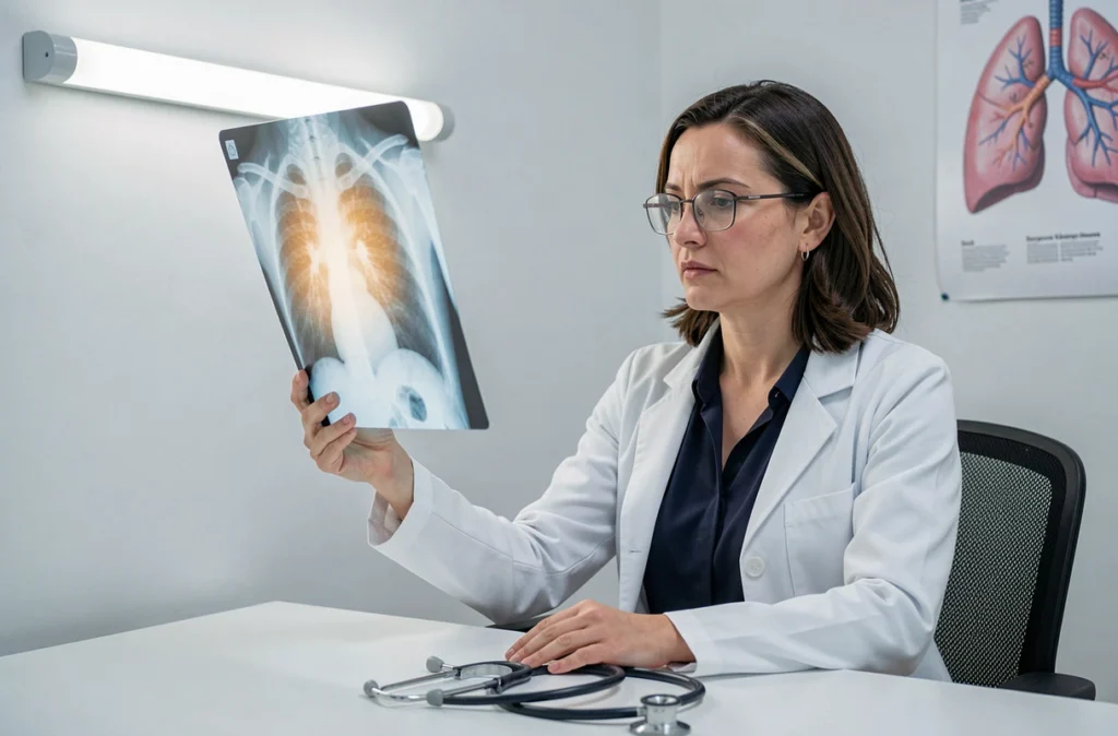 Pneumologue analysant une radiographie pulmonaire dans un cabinet médical moderne pour diagnostiquer une maladie respiratoire liée à la pollution