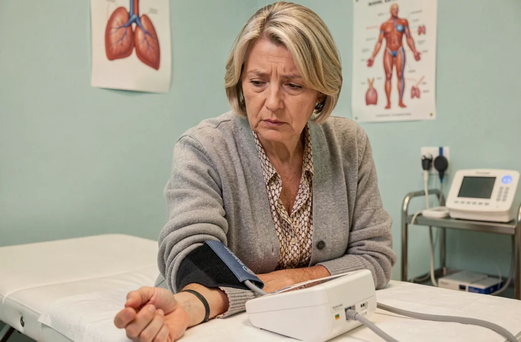Femme mature mesurant sa tension artérielle chez le médecin, illustrant le lien entre stress chronique et hypertension