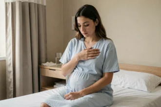 Jeune femme en post-partum assise sur un lit d'hôpital, les mains sur la poitrine, illustrant la montée de lait sans allaitement
