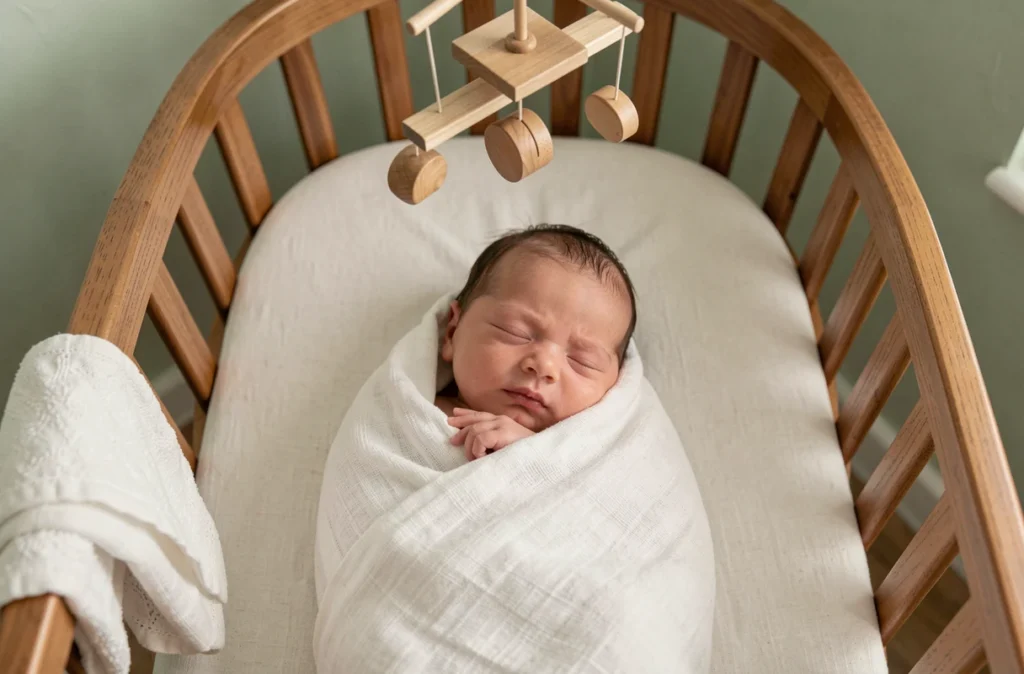 Nouveau-né endormi paisiblement dans un berceau en bois, emmailloté dans une mousseline blanche dans une chambre de bébé apaisante