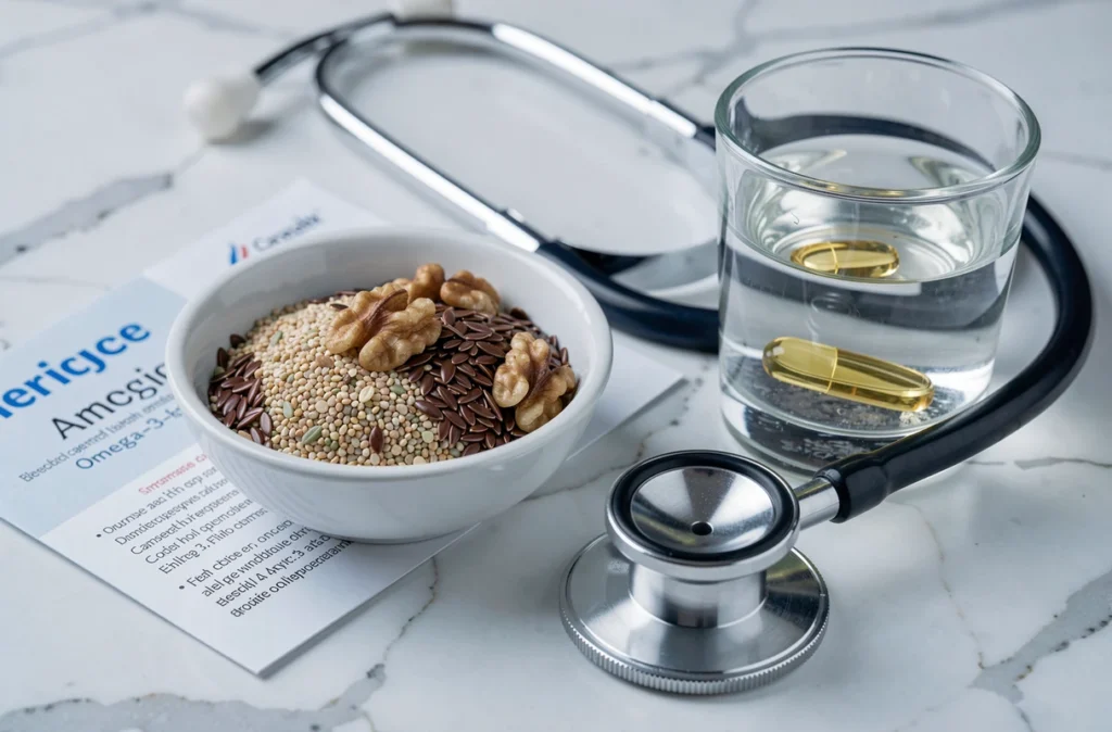 Graines riches en oméga-3, stéthoscope et capsules d'huile de poisson sur marbre blanc, symbolisant la santé du cœur