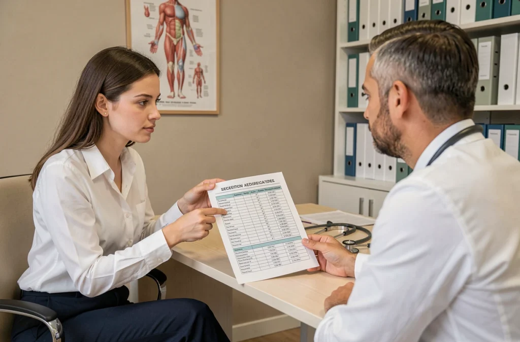 Patiente et médecin examinant ensemble une liste d'interactions médicamenteuses lors d'une consultation