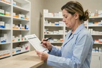 Pharmacienne consultant une liste de médicaments sécurisée au comptoir d'une pharmacie moderne