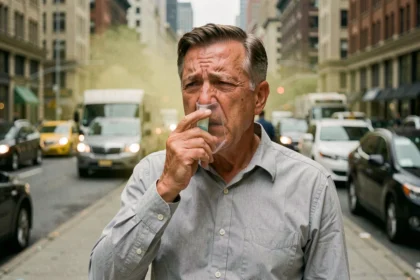 Homme adulte utilisant un inhalateur pour asthme dans une rue urbaine polluée avec smog visible en arrière-plan