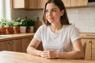 Jeune femme enceinte en début de grossesse assise dans une cuisine moderne, mains posées sur le ventre, expression sereine et introspective