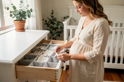 Femme enceinte qui range des vêtements de bébé dans un meuble de nurserie en bois blanc, préparation de la chambre bébé