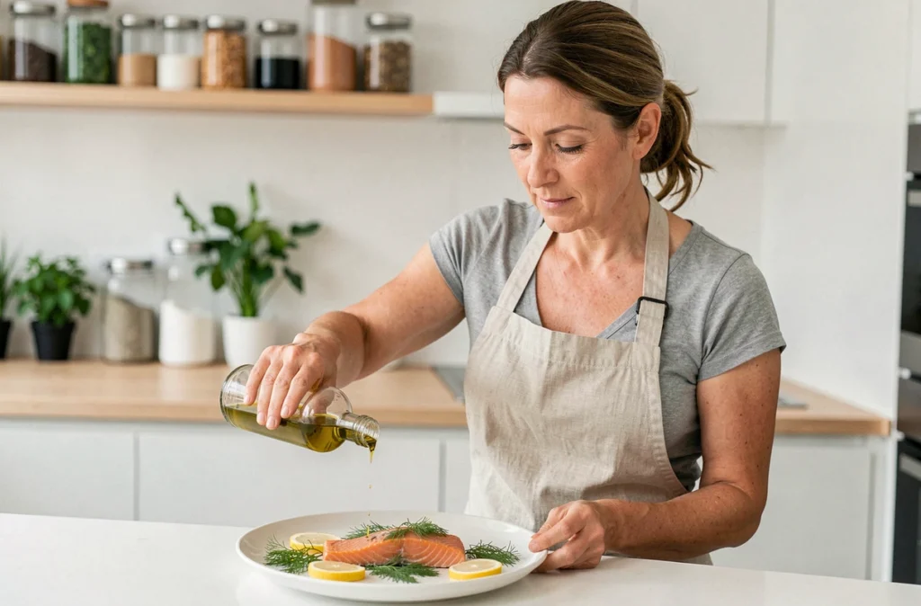 Femme préparant un filet de saumon à l'huile d'olive dans une cuisine moderne, source d'oméga-3 pour la santé cardiovasculaire