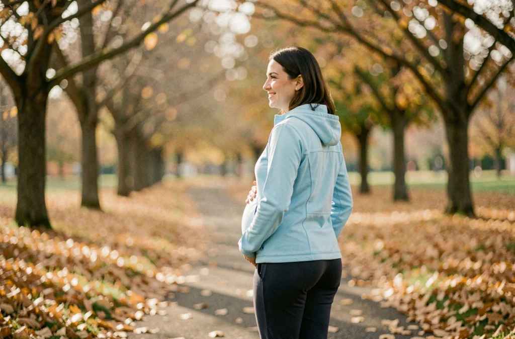 Femme enceinte se promenant dans un parc en automne, marche douce recommandée durant la grossesse