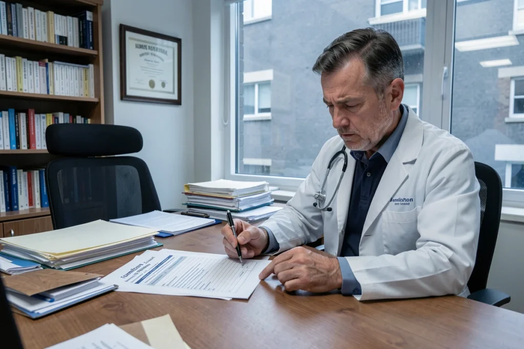 Psychiatre analysant une échelle de cotation Hamilton pour l'anxiété dans son cabinet médical, montrant la complexité de l'interprétation des scores cliniques